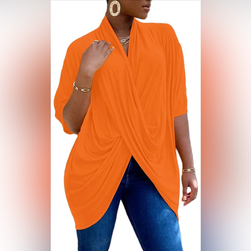 LYANER Women's Orange Wrap V Neck Ruched Short Sleeve Blouse Tunic Size Small